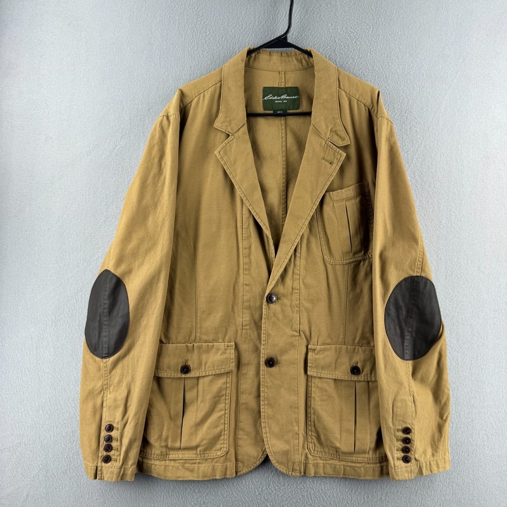 Eddie Bauer Jacket Mens XL Khaki Twill Sport Coat Cotton Travel Elbow Patch